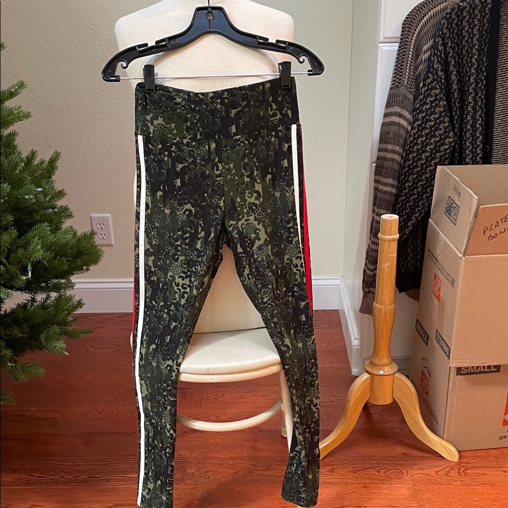 No Boundaries Green Camouflage Leggings with Red and White Stripes